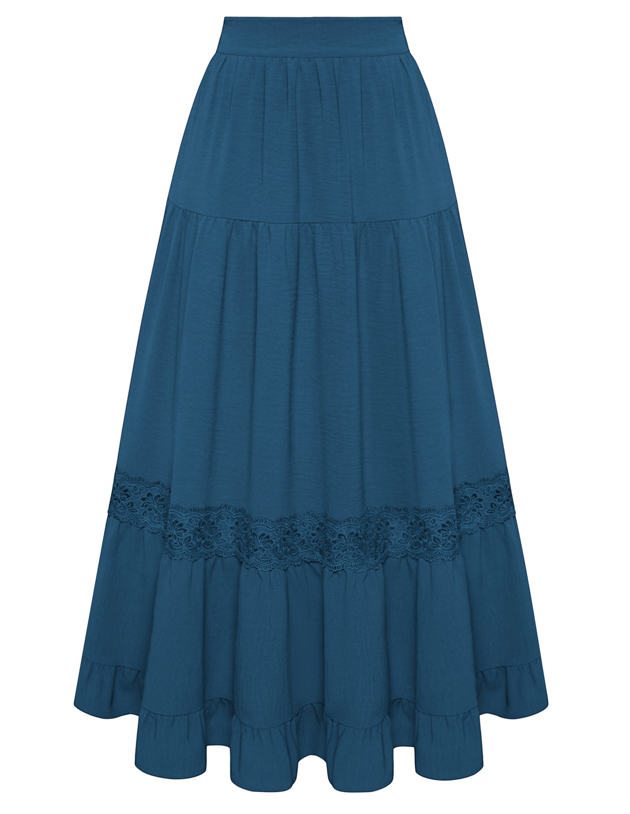 belle poque Women Vintage Tiered Swing Skirt Elastic Waist Ruffled Hem Mid-Calf Skirt