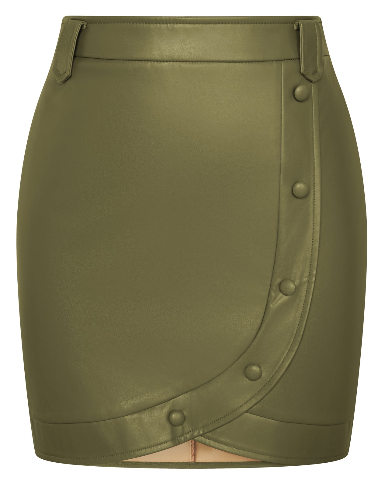belle poque Women Vintage Imitated Leather Skirt Elastic Waist Mid-Thigh Bodycon Skirt Green