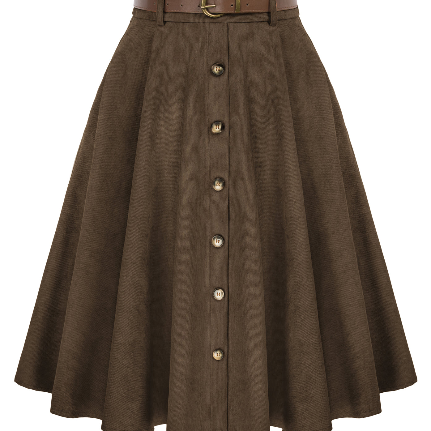Corduroy Skirt with Belt Elastic High Waist Mid-Calf Swing Skirt
