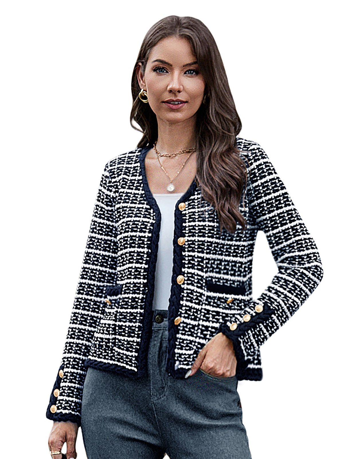 belle poque Contrast Color Cardigan Long Sleeve V-Neck Cable Knitted Sweater