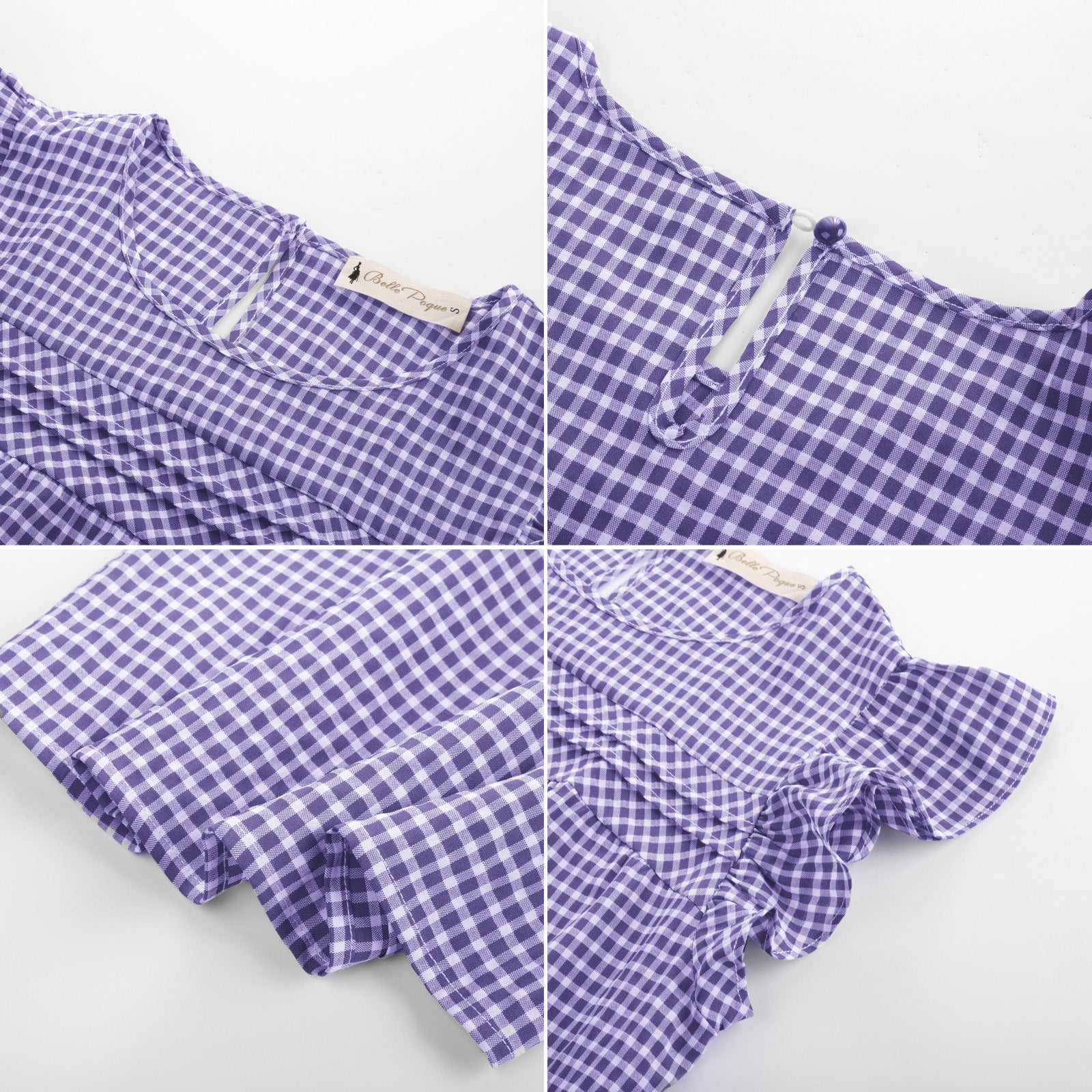 belle poque BP Women Vintage Plaided Tops Flutter Sleeve Crew Neck Keyhole Back Tops