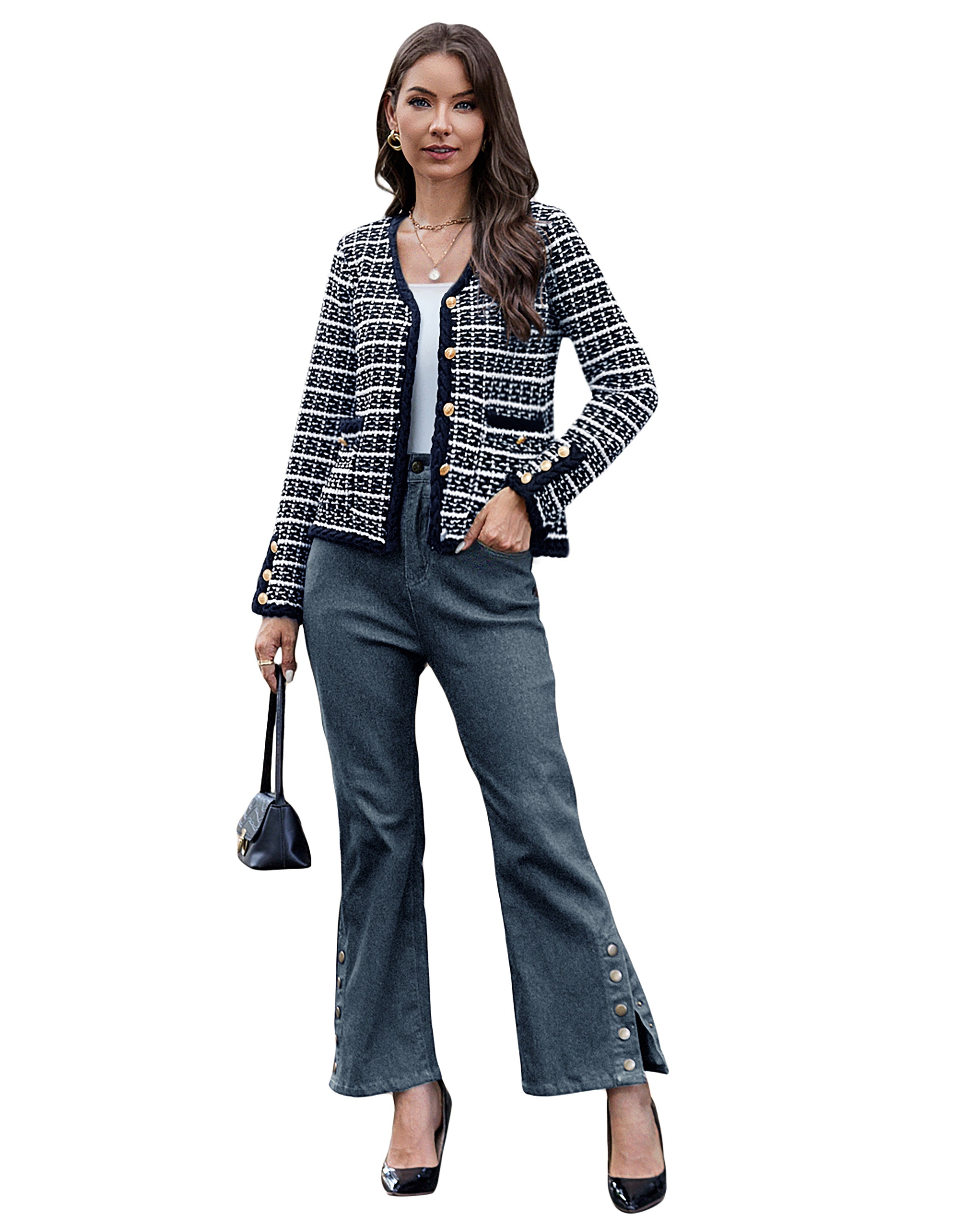 belle poque Contrast Color Cardigan Long Sleeve V-Neck Cable Knitted Sweater