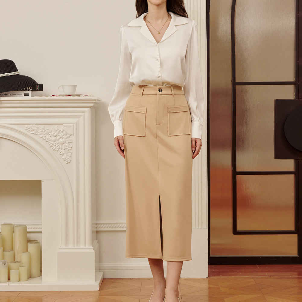 belle poque Women Cargo Skirt Long Pencil Skirt High Wiasted Skirts with Pockets & Slit