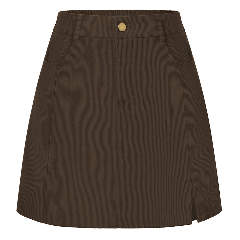 belle poque Women Vintage Corduroy Mini Skirt Elastic Waist Front Slit A-Line Skirt Dark Brown