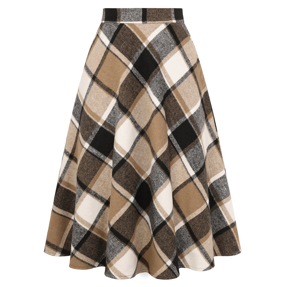 belle poque Women Vintage Plaided Swing Skirt Elastic Waist Mid-Calf Length A-Line Skirt Light Brown