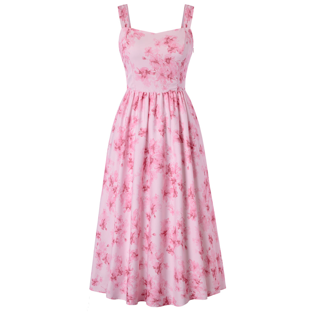 belle poque Women's Floral Midi Sundress with Pockets Spring Summer Dresses for Wedding Guest Pink