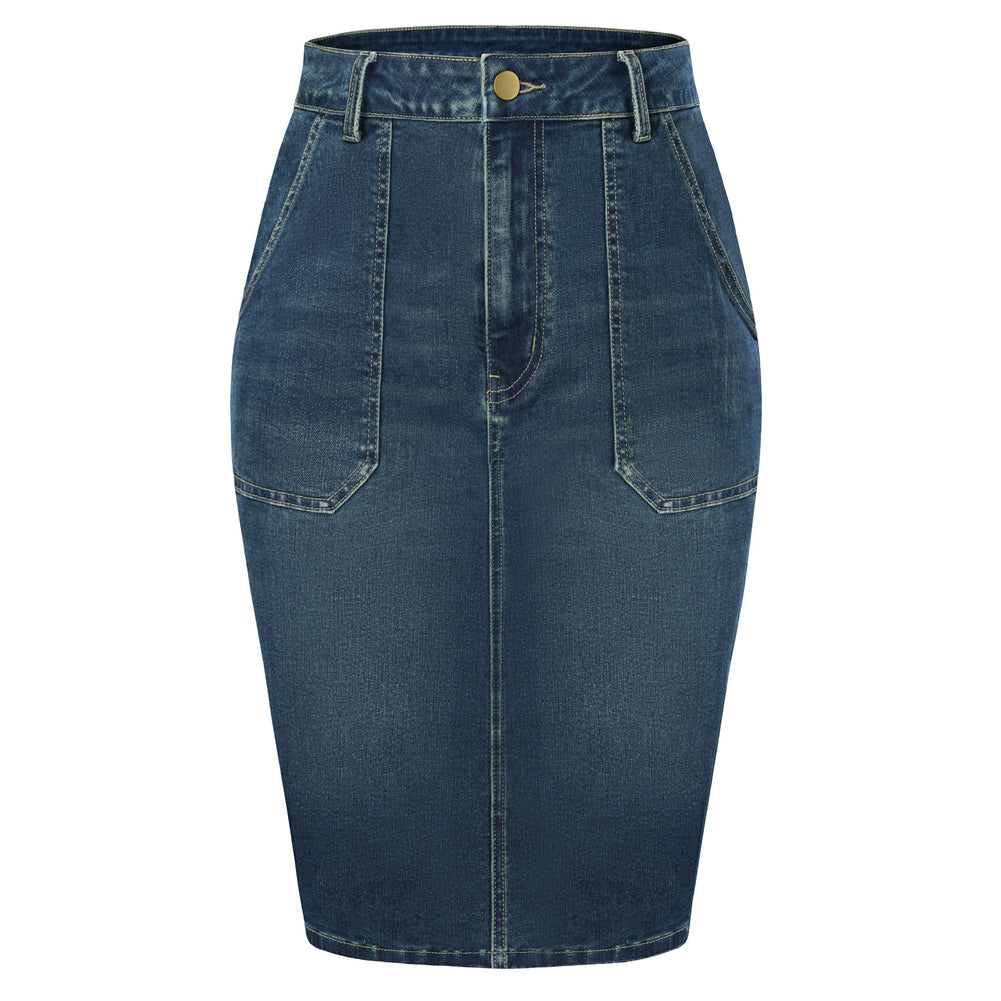belle poque 1980s Vintage Women's Denim Skirt Knee Length Jean Skirt with Pockets Blue 2