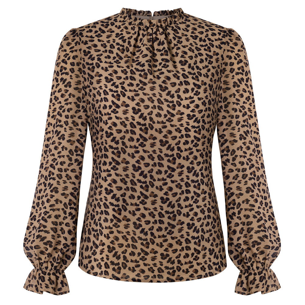 belle poque Belle Poque Women Vintage Chiffon Tops Long Sleeve Keyhole Back Pullover Tops Leopard Print