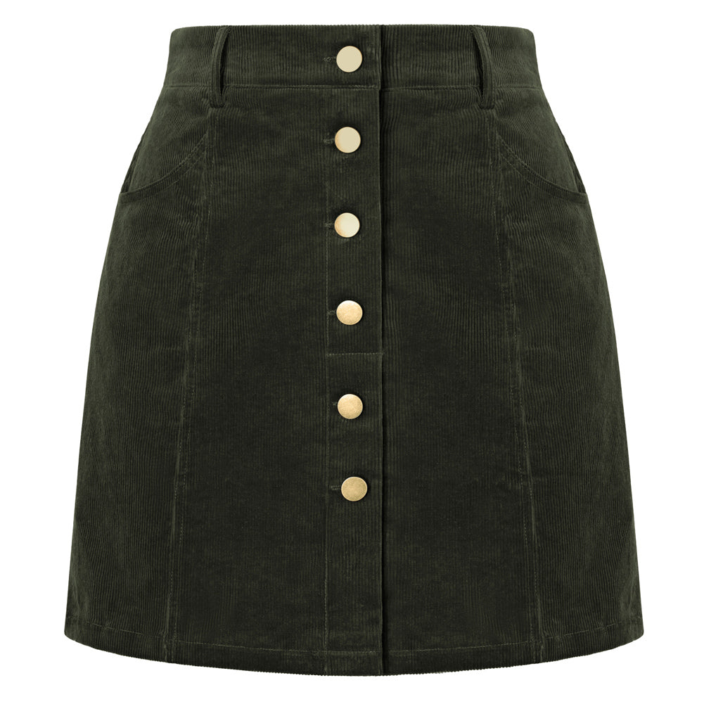 belle poque Womens Corduroy Short Mini Skirt Button A-Line Casual Fall Skirts with Pockets Olive