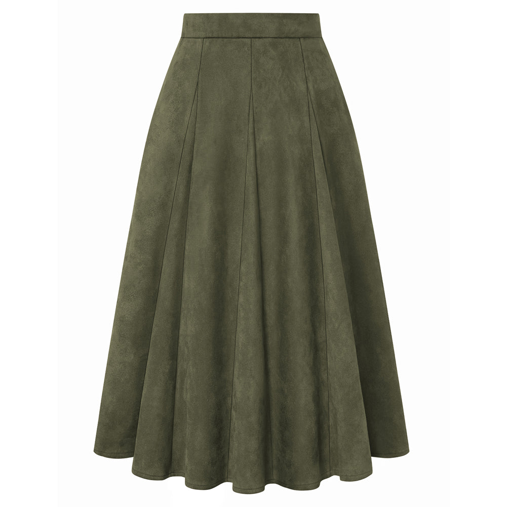 belle poque Women Vintage Skirt Elastic Waist Mid-Calf Length A-Line Skirt Green
