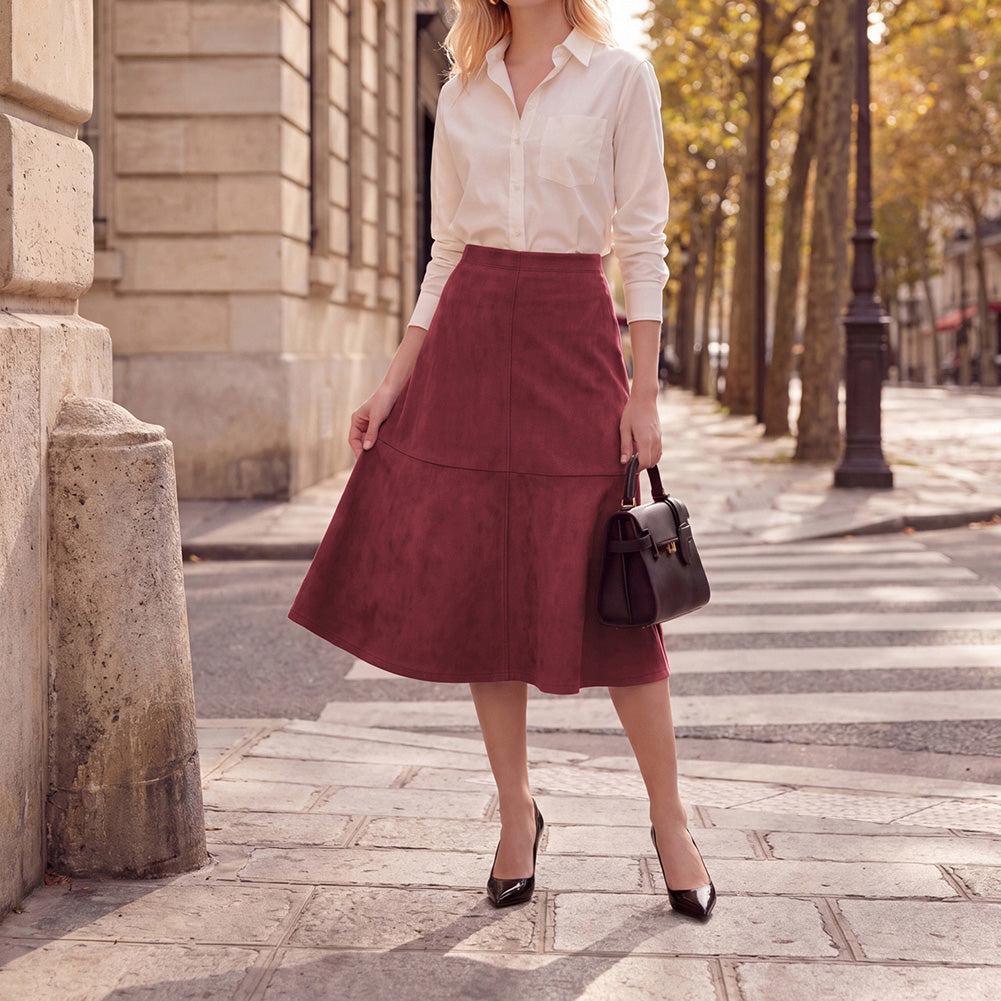 belle poque 1980s Vintage Women's Suede Skirts High Waist A Line Business Work Midi Skirt