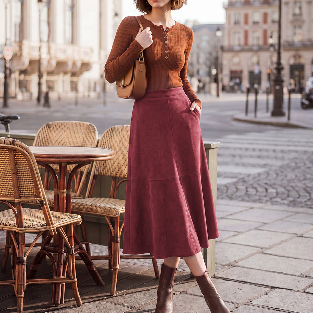 belle poque 1980s Vintage Women's Suede Skirts High Waist A Line Business Work Midi Skirt