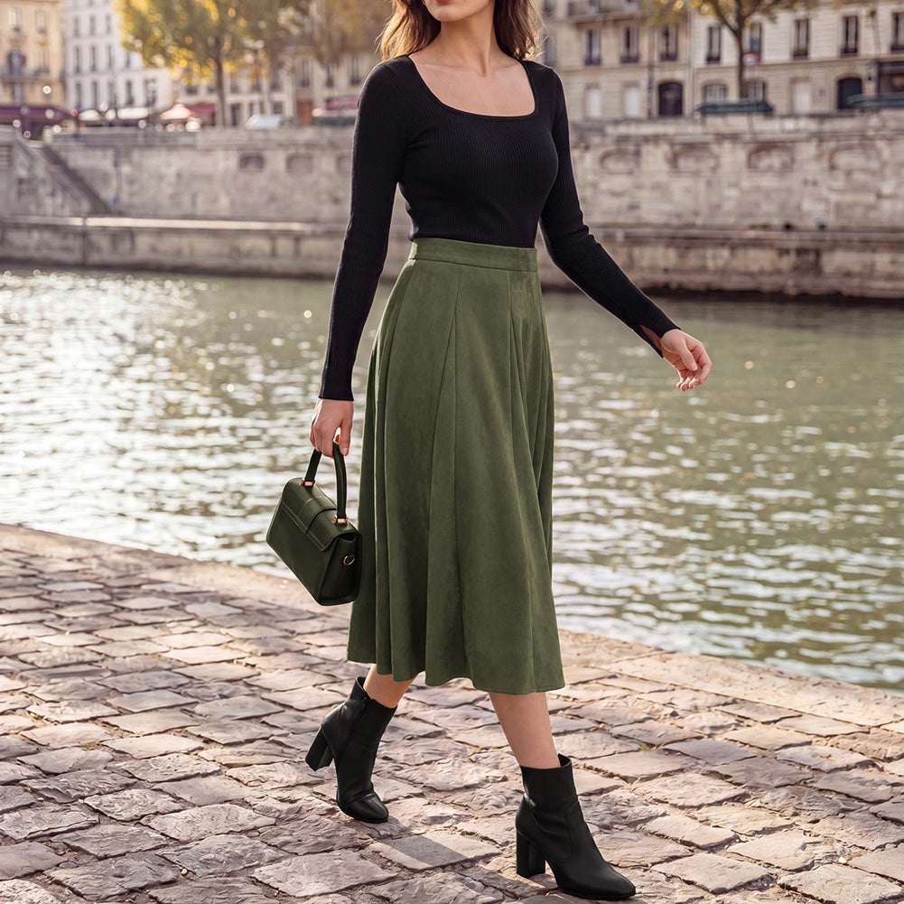 belle poque Women Vintage Skirt Elastic Waist Mid-Calf Length A-Line Skirt