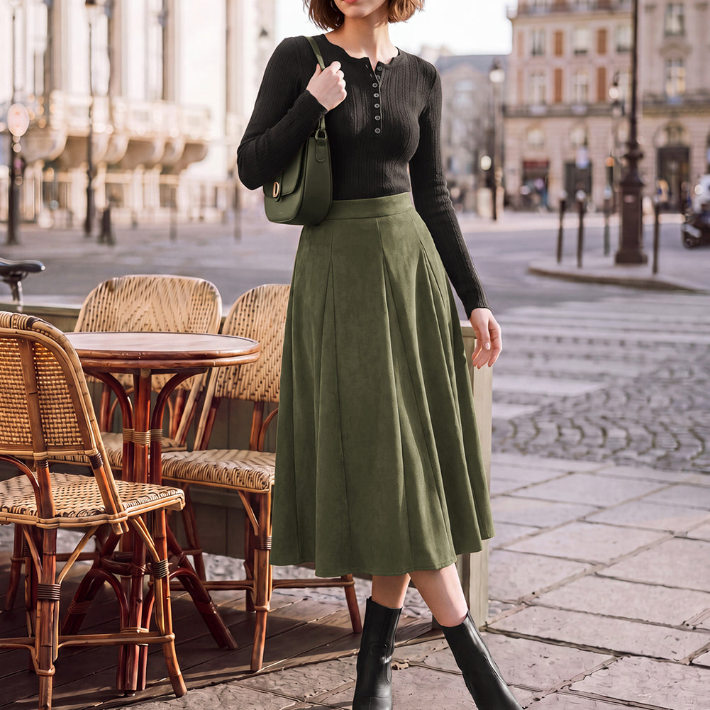 belle poque Women Vintage Skirt Elastic Waist Mid-Calf Length A-Line Skirt