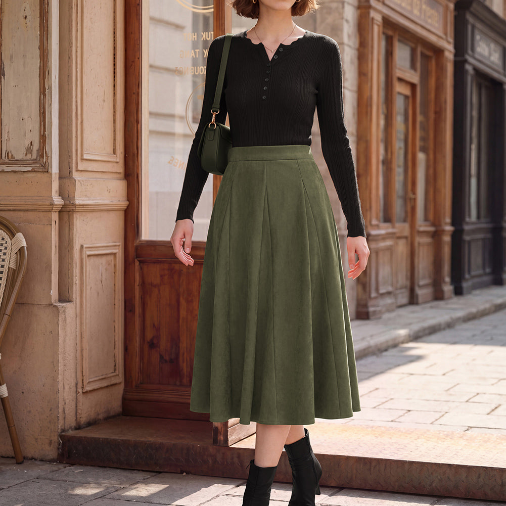 belle poque Women Vintage Skirt Elastic Waist Mid-Calf Length A-Line Skirt