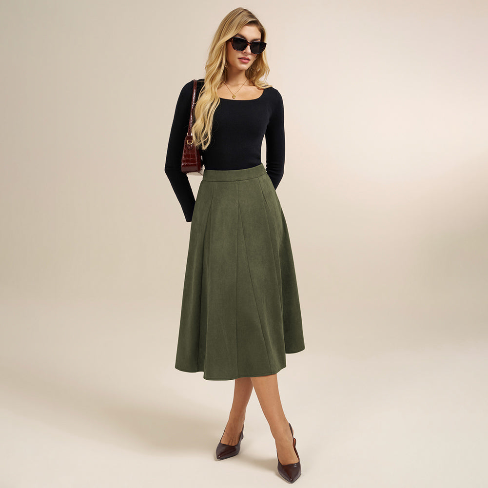 belle poque Women Vintage Skirt Elastic Waist Mid-Calf Length A-Line Skirt