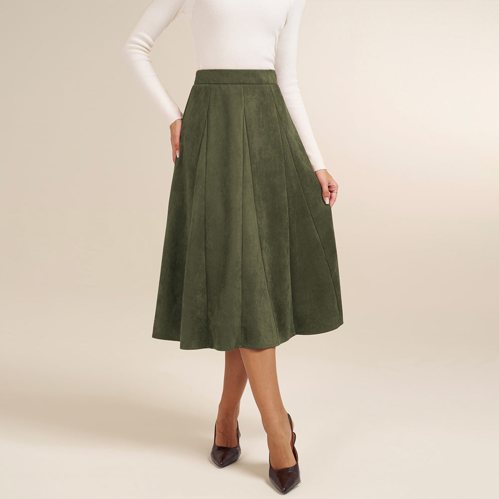 belle poque Women Vintage Skirt Elastic Waist Mid-Calf Length A-Line Skirt