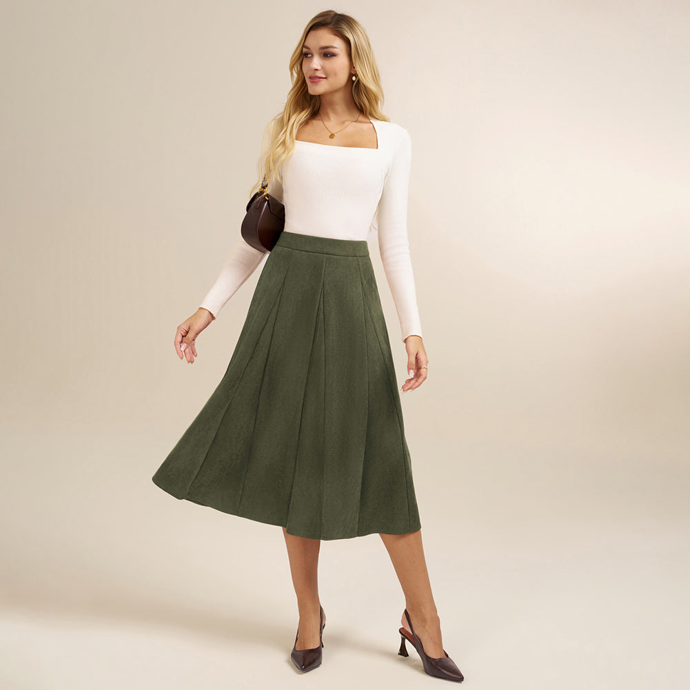 belle poque Women Vintage Skirt Elastic Waist Mid-Calf Length A-Line Skirt