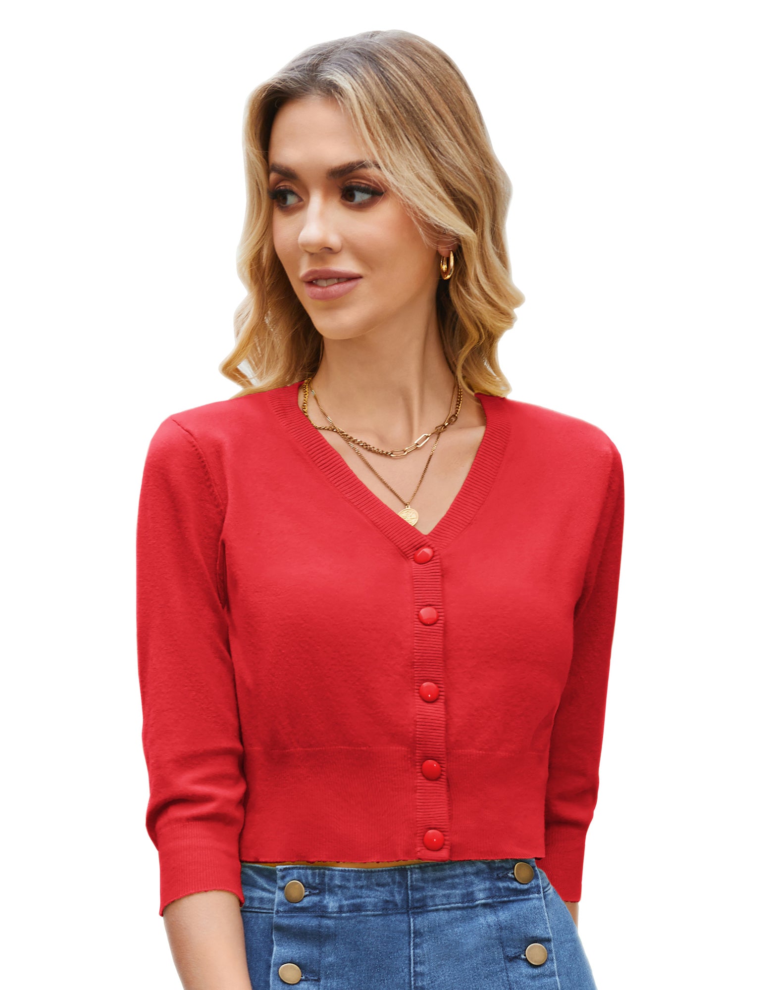 Women's Cherries Embroidery 3/4 Sleeve V-Neck Cropped Knitting