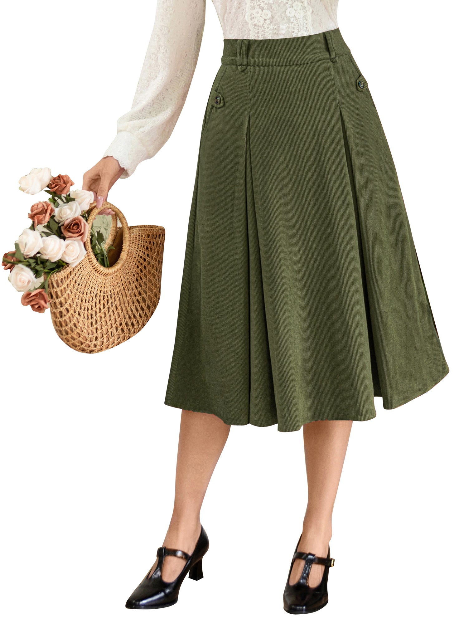 belle poque Vintage Swing Skirt Elastic Waist Flared A-Line Mid-Calf Skirt
