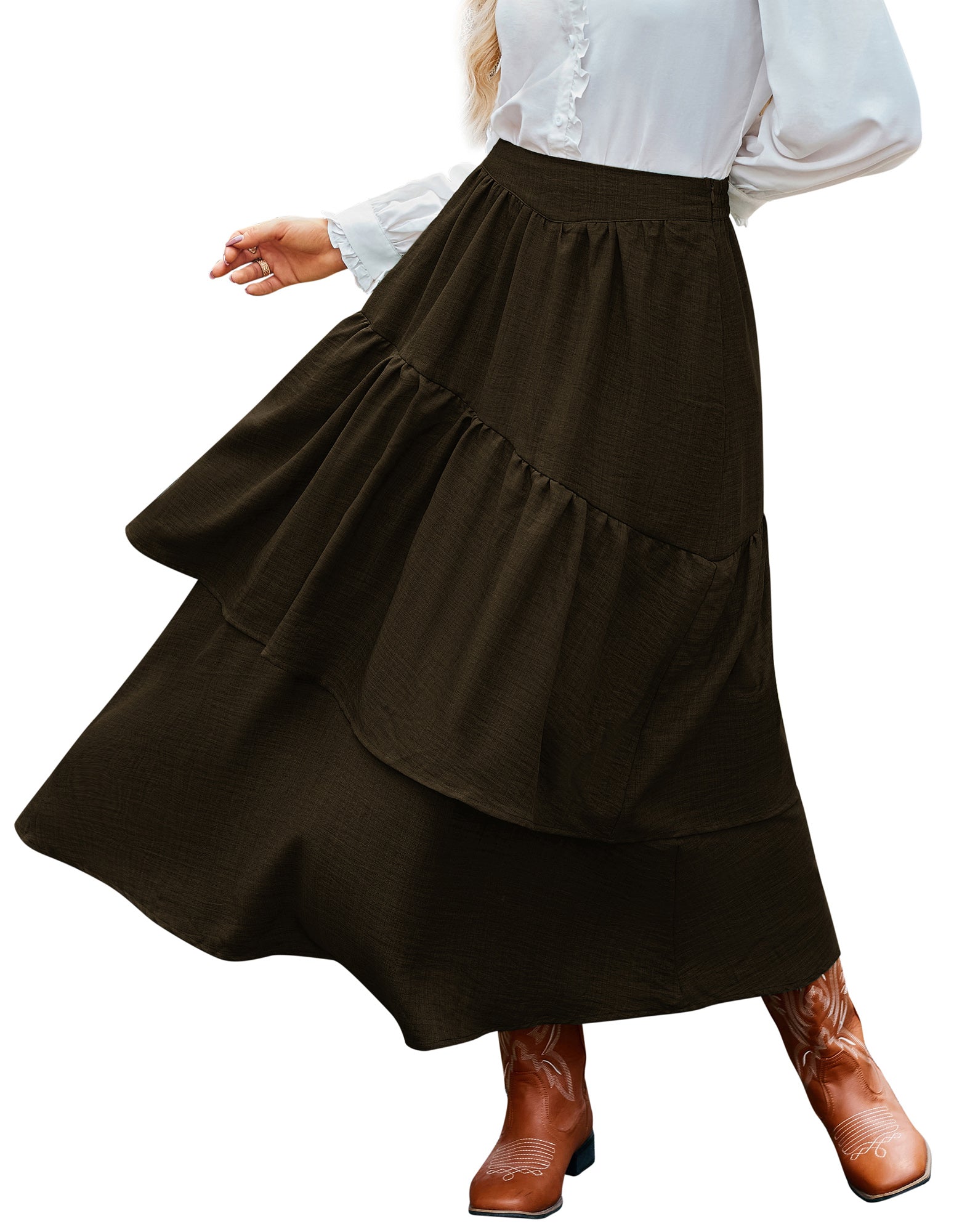 belle poque BP Women Vintage 2-Layer Swing Skirt Elastic High Waist Maxi Skirt
