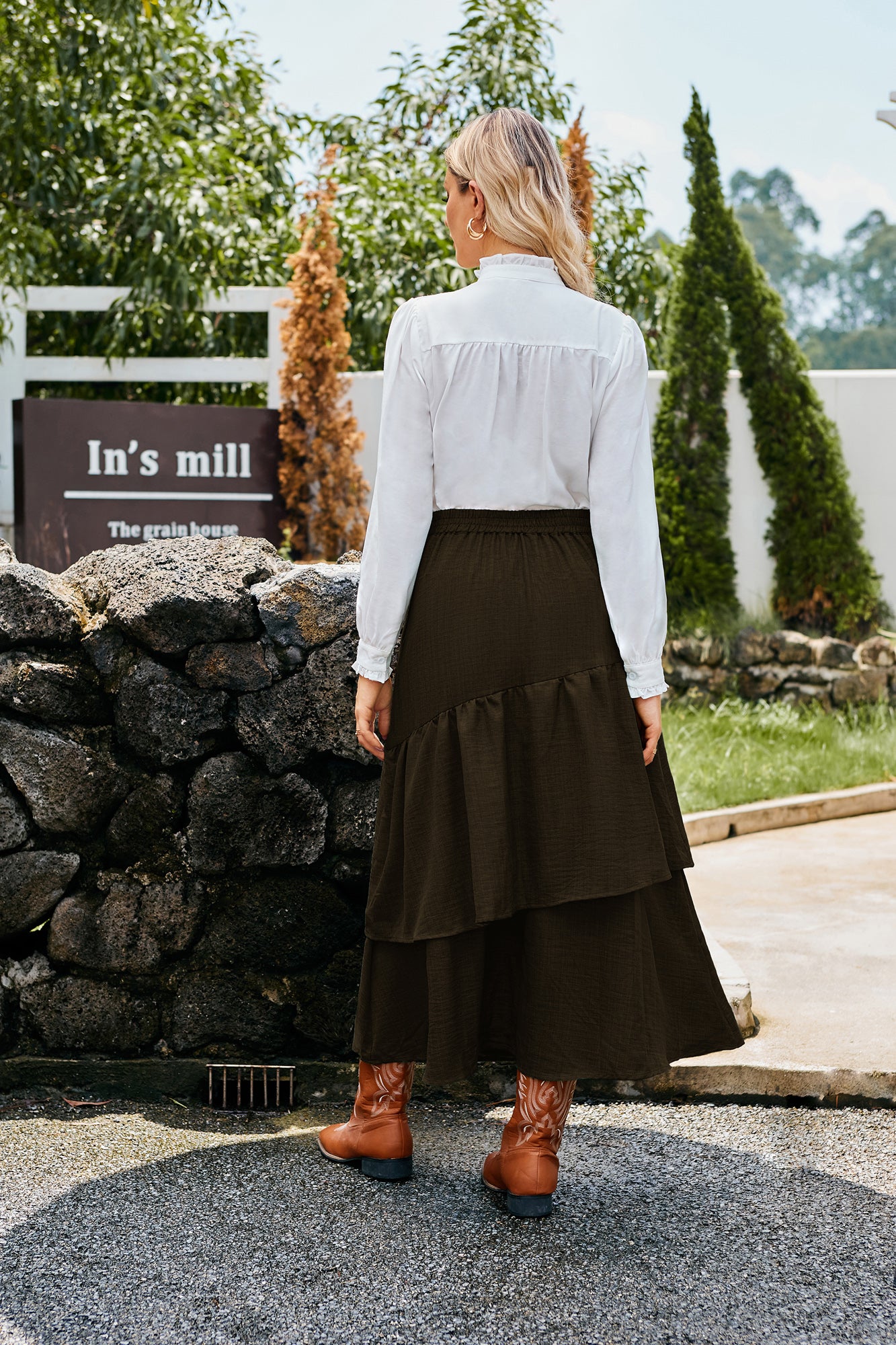 belle poque BP Women Vintage 2-Layer Swing Skirt Elastic High Waist Maxi Skirt