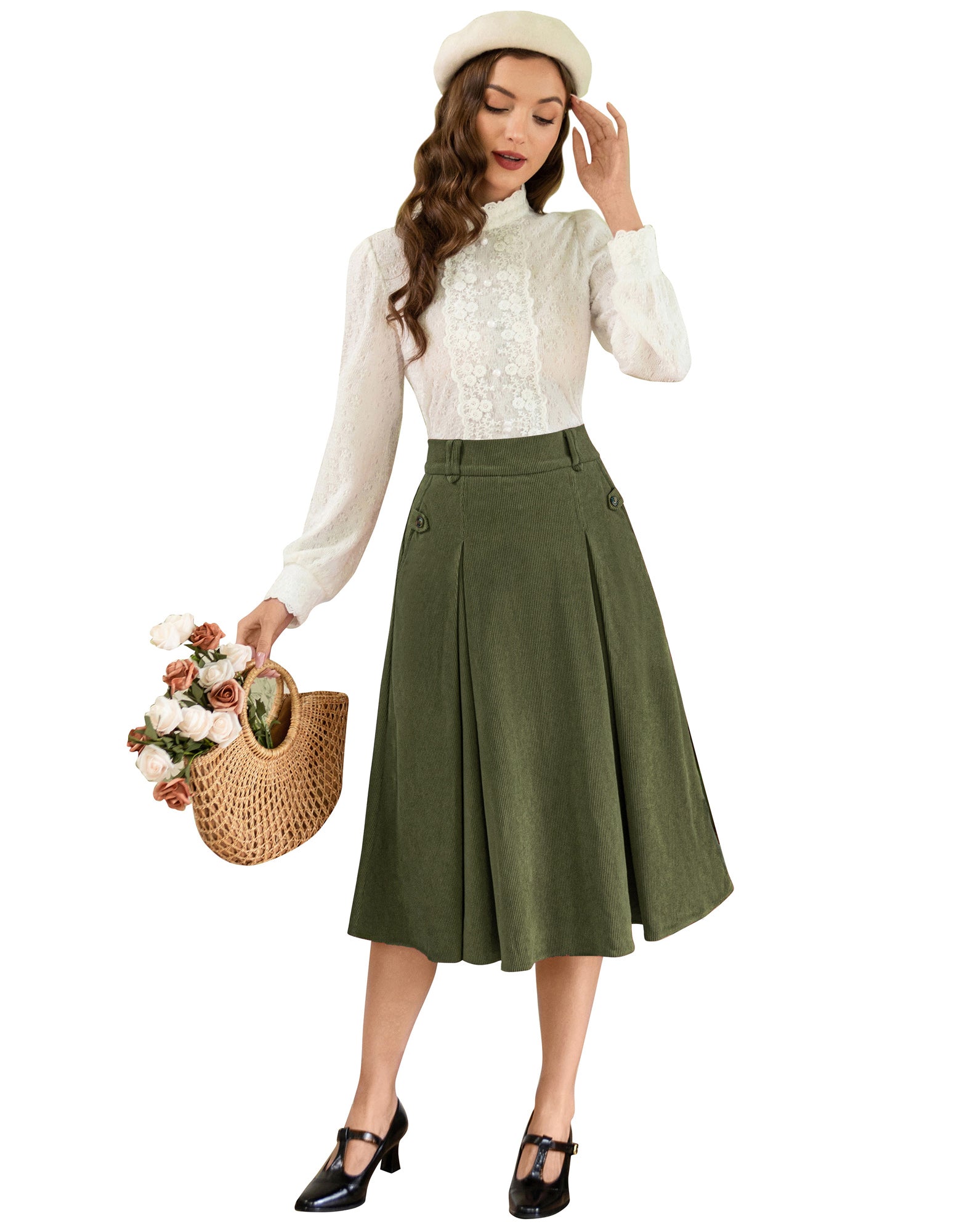 belle poque Vintage Swing Skirt Elastic Waist Flared A-Line Mid-Calf Skirt