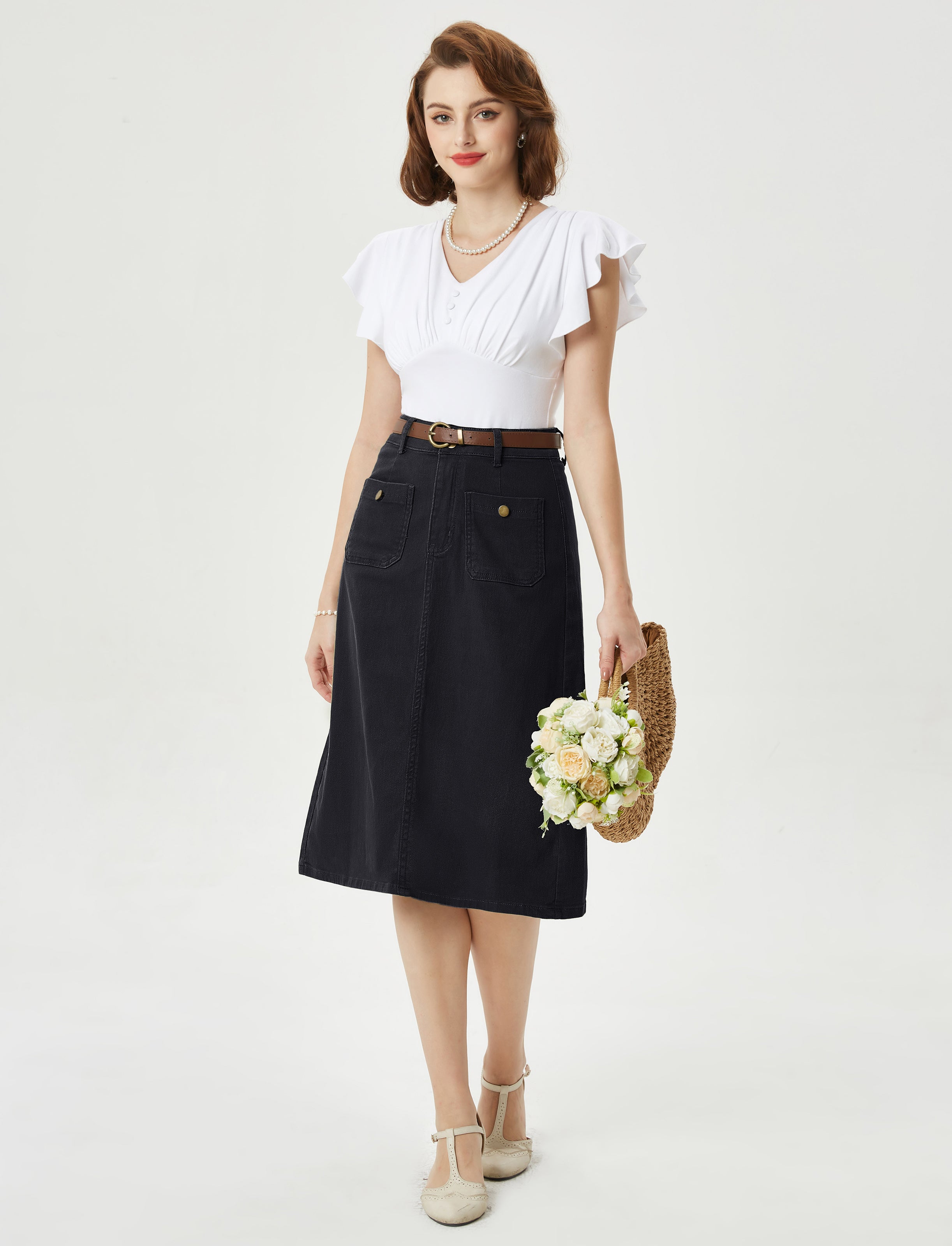 belle poque Denim Skirt with Belt Knee Length High Waisted Jean Skirts for Women