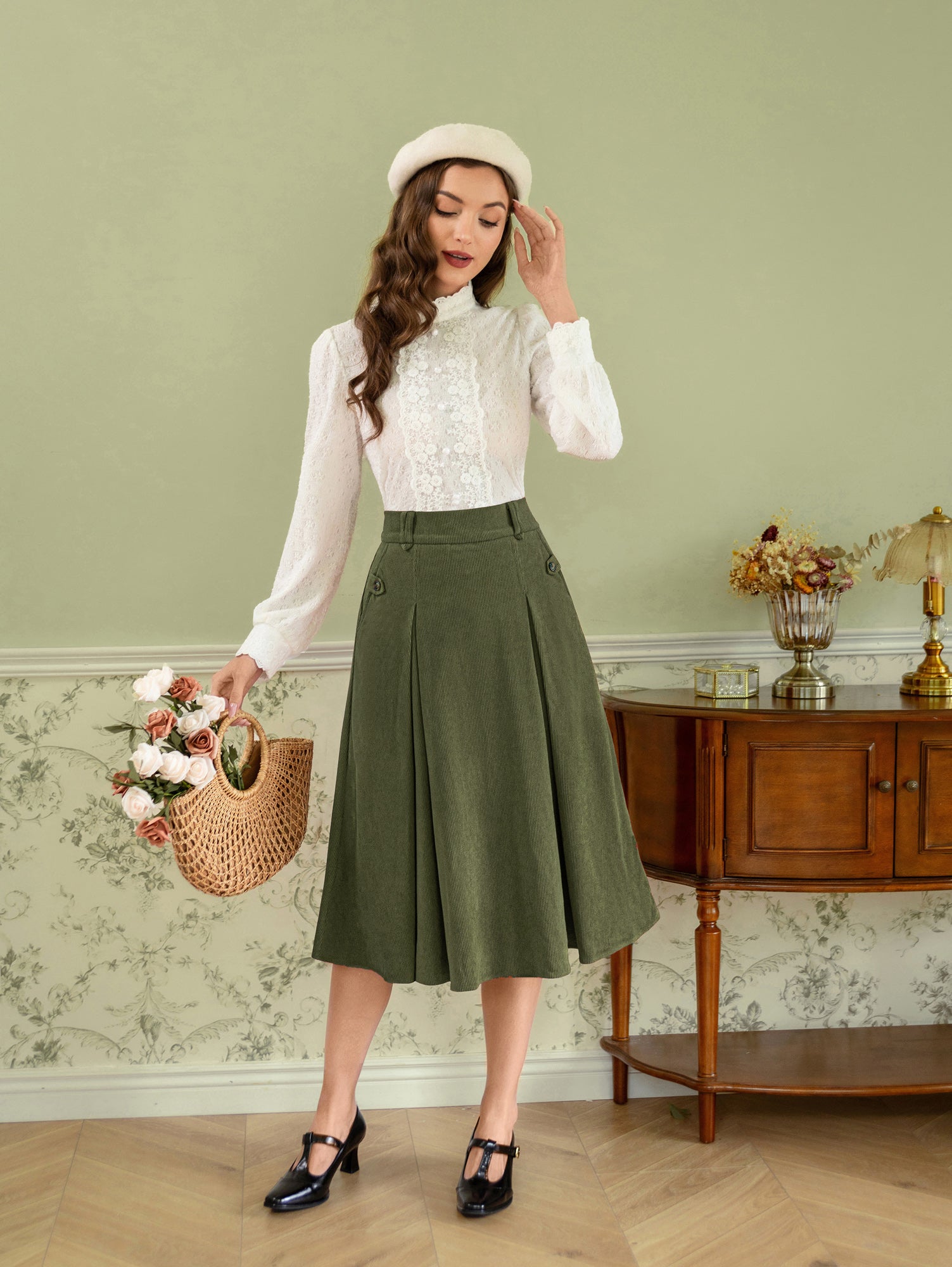 belle poque Vintage Swing Skirt Elastic Waist Flared A-Line Mid-Calf Skirt