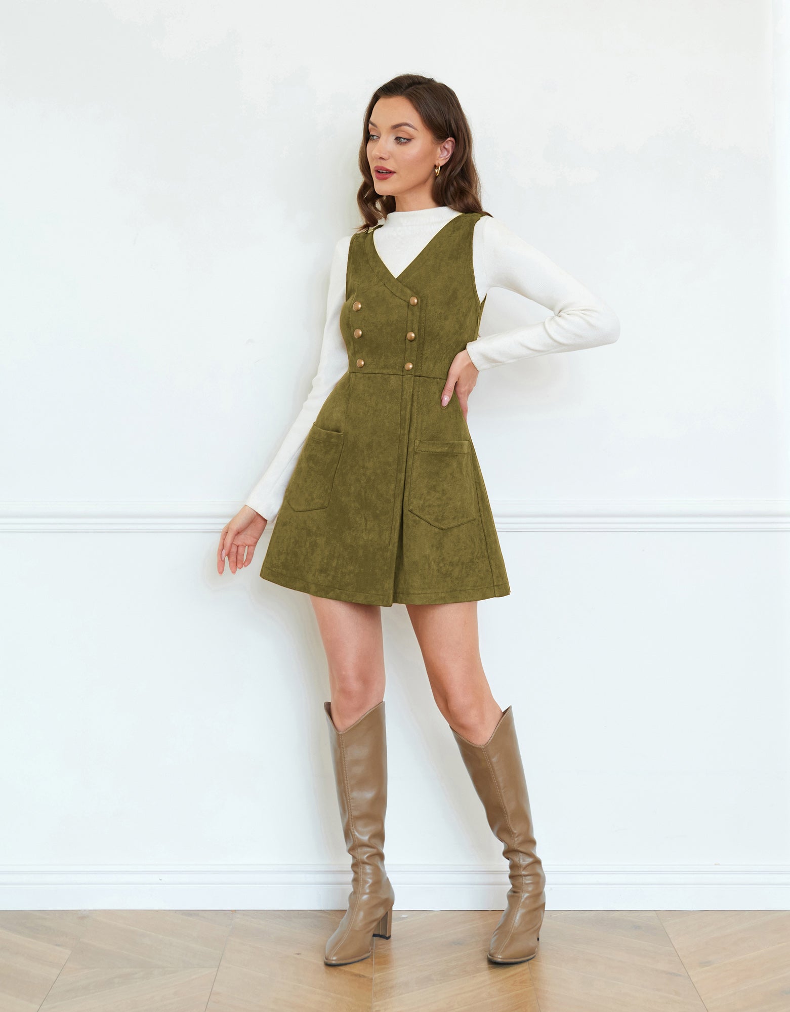 belle poque Vintage Faux Suede Dress Sleeveless V-Neck Elastic Waist A-Line Dress