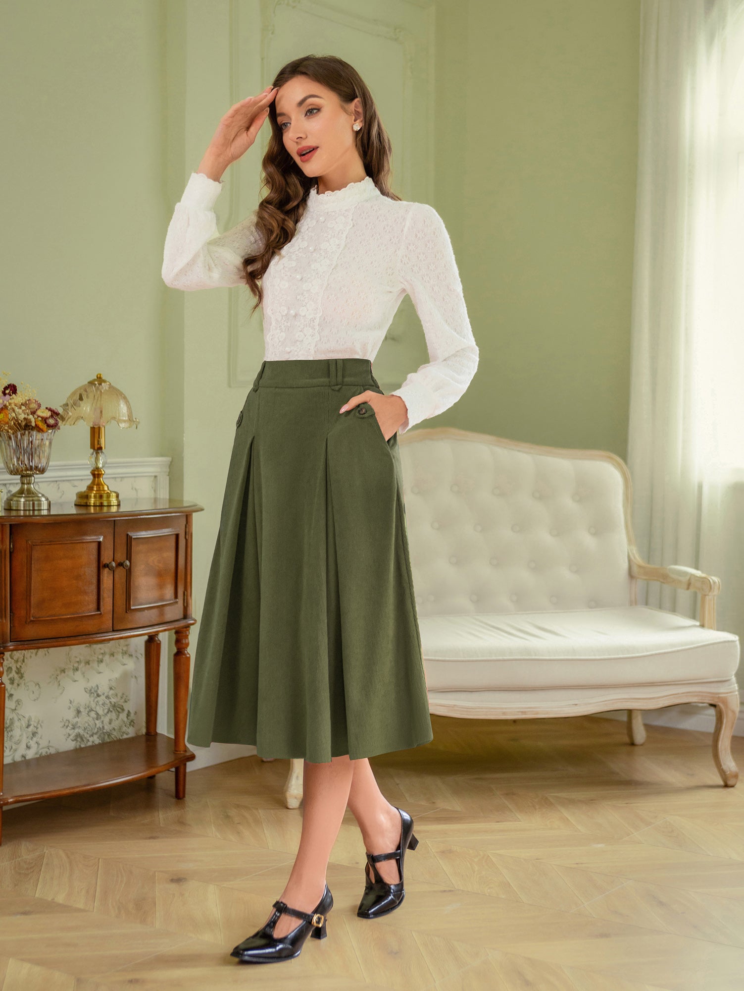 belle poque Vintage Swing Skirt Elastic Waist Flared A-Line Mid-Calf Skirt