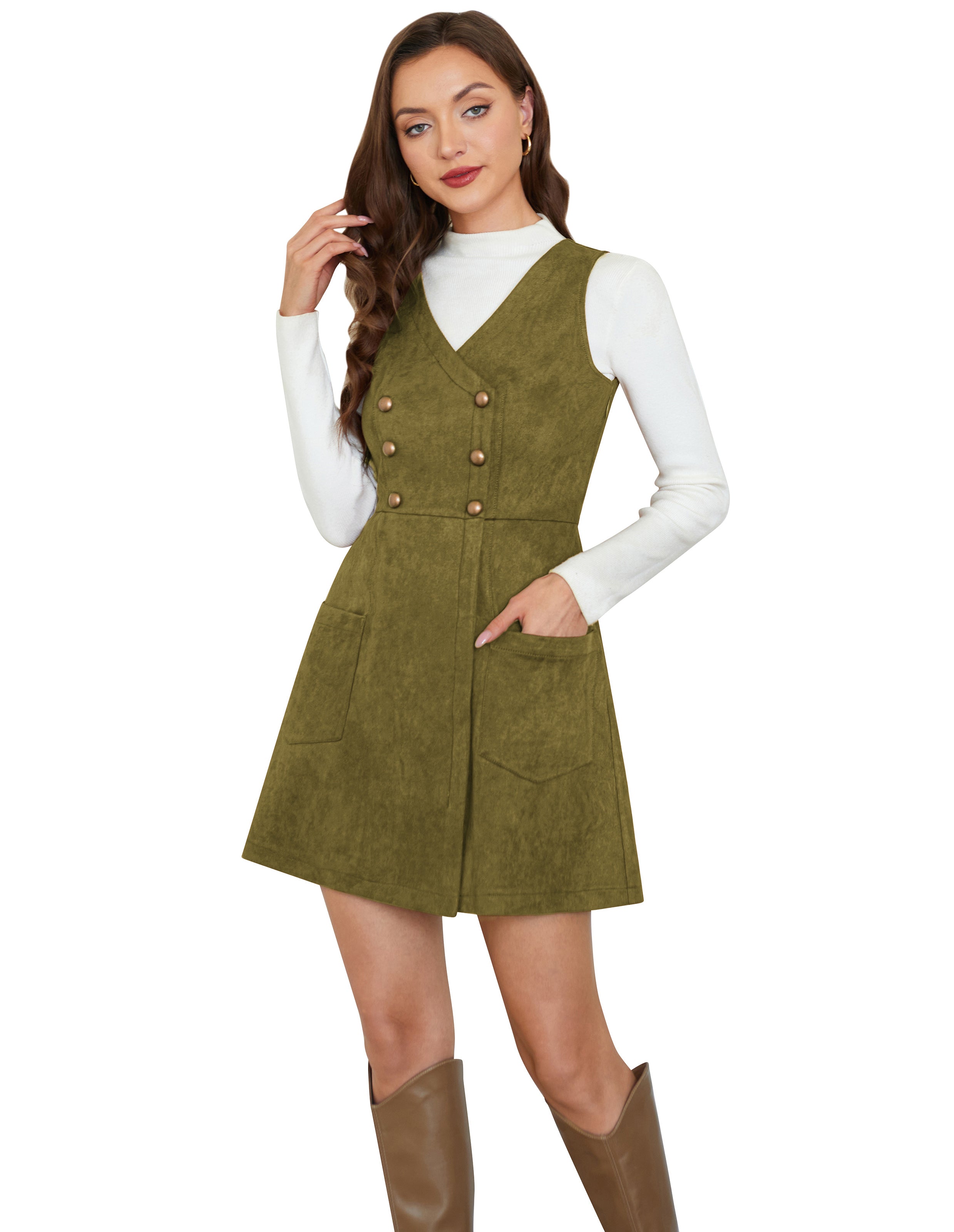 belle poque Vintage Faux Suede Dress Sleeveless V-Neck Elastic Waist A-Line Dress