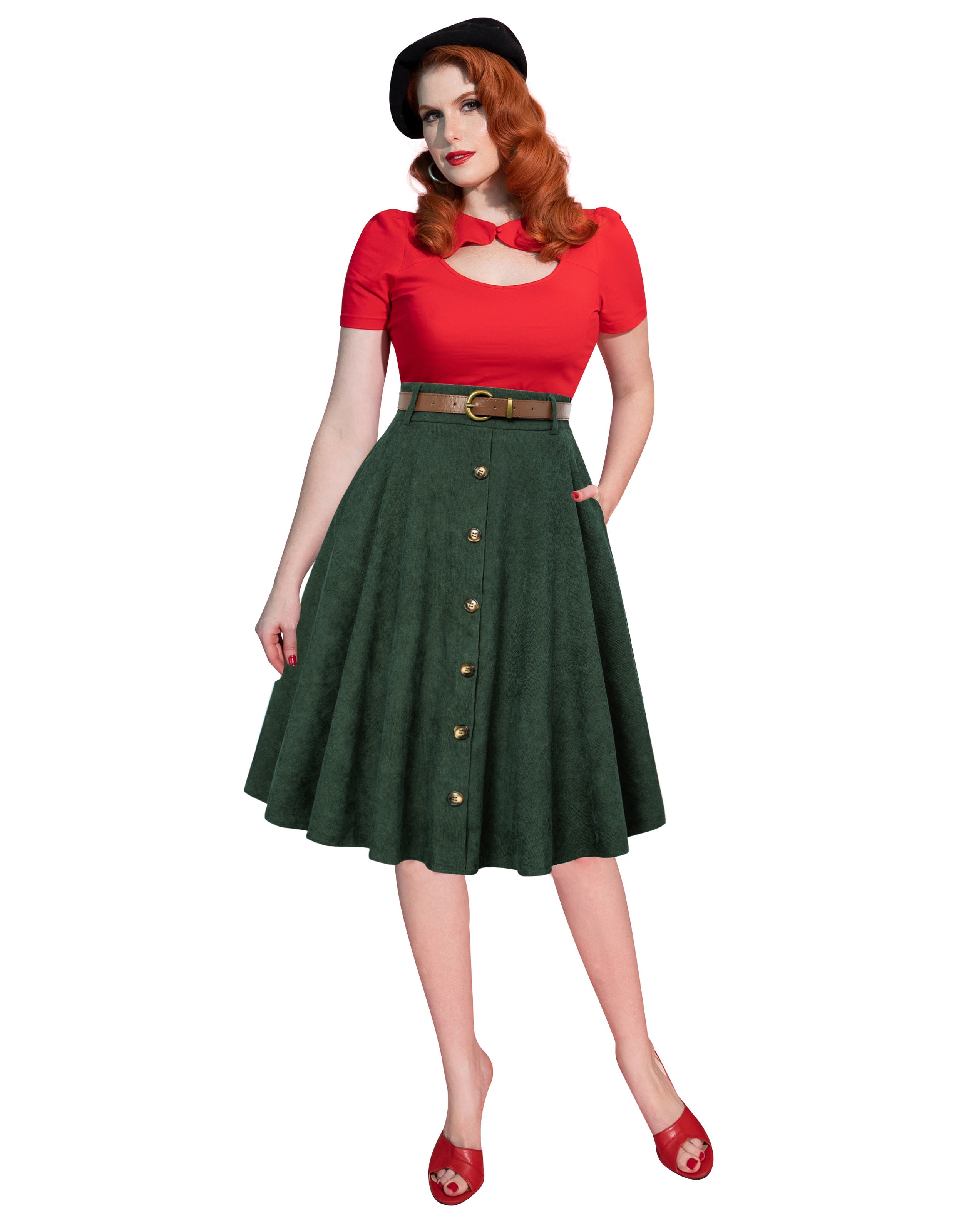 belle poque Corduroy Skirt with Belt Elastic High Waist Mid-Calf Swing Skirt