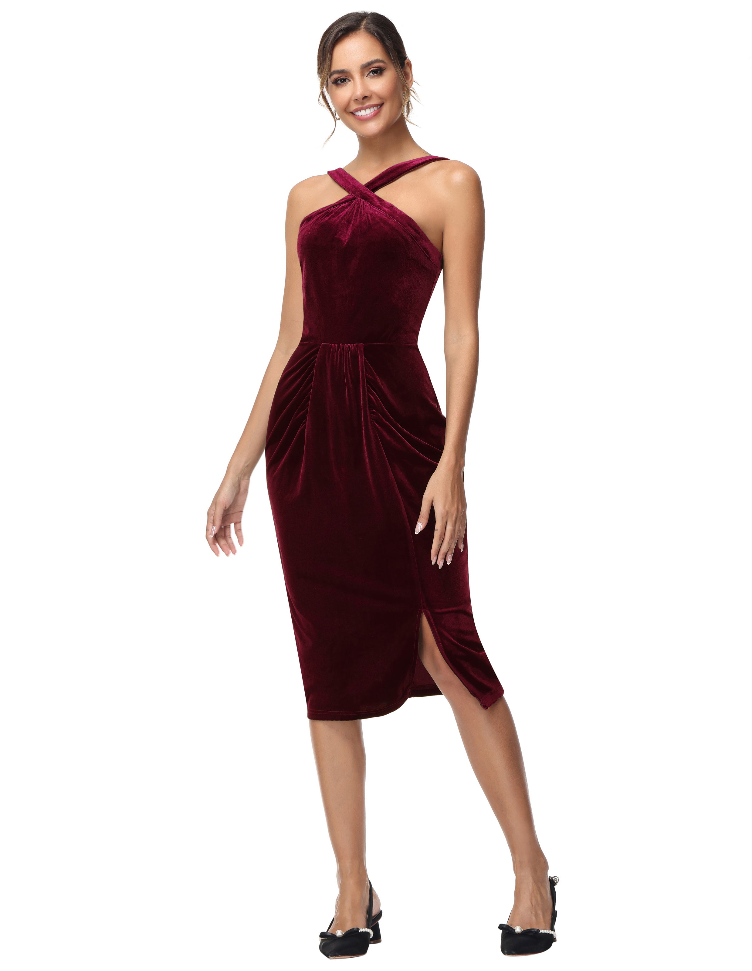 belle poque Vintage Front Slit Velvet Dress Halterneck Ruched Bodycon Dress