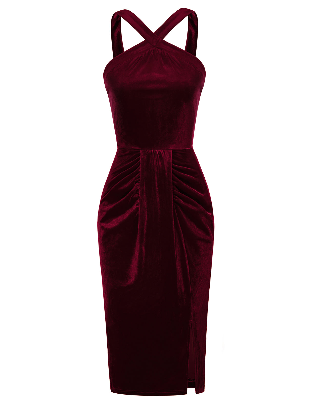 belle poque Vintage Front Slit Velvet Dress Halterneck Ruched Bodycon Dress Wine