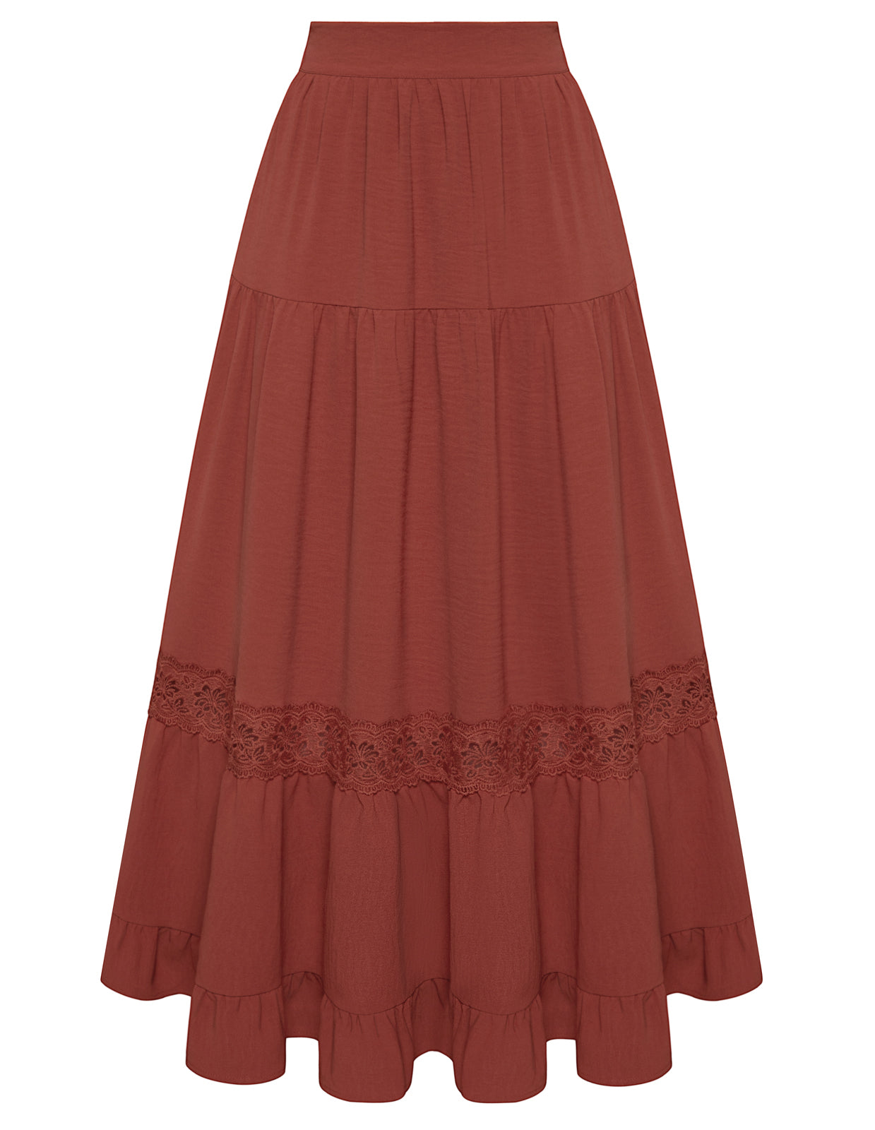 belle poque Women's Midi Skirt Boho Flowy Aline Ruffle Lace Tiered Skirt with Pockets 2025 Red