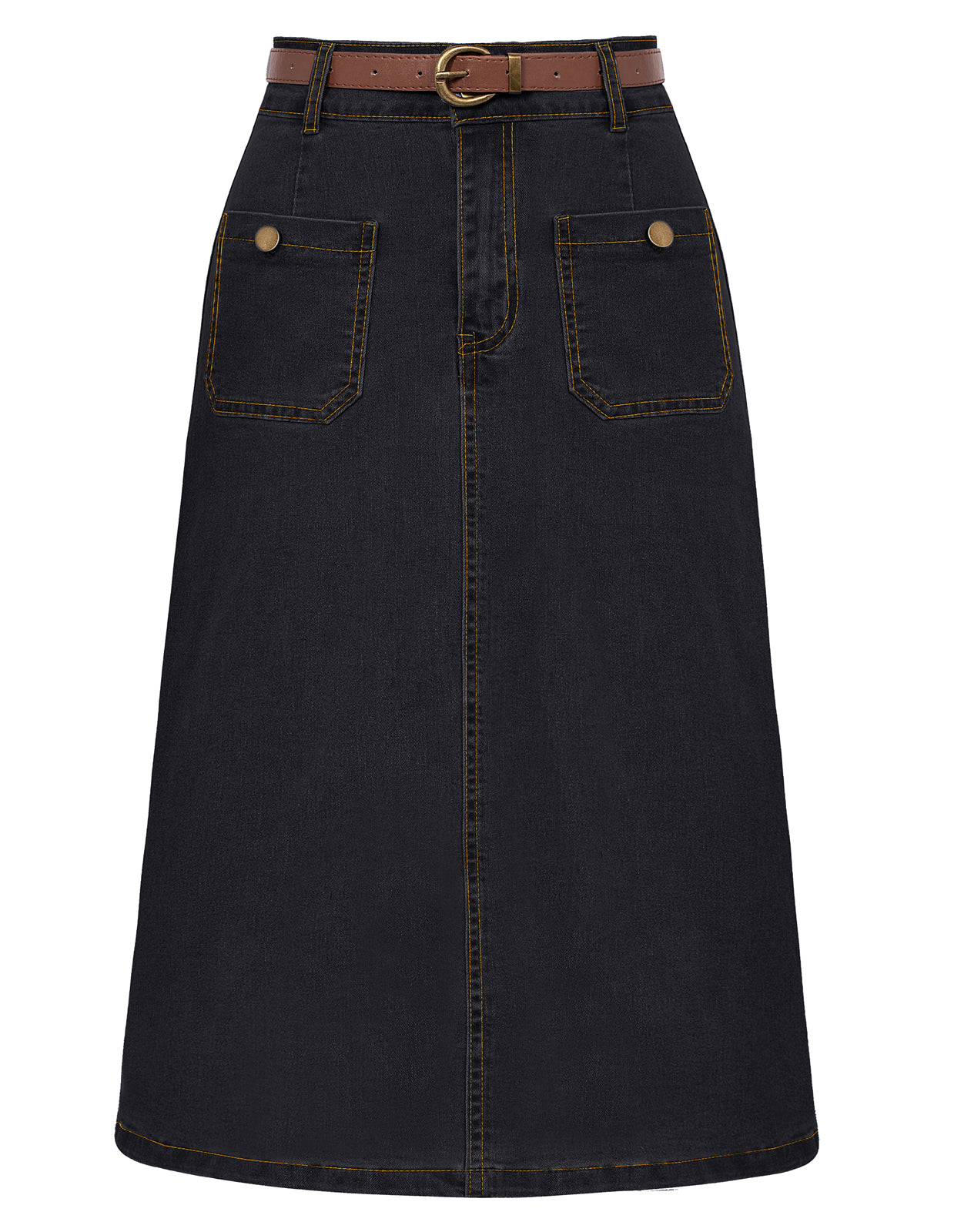 belle poque Denim Skirt with Belt Knee Length High Waisted Jean Skirts for Women Black