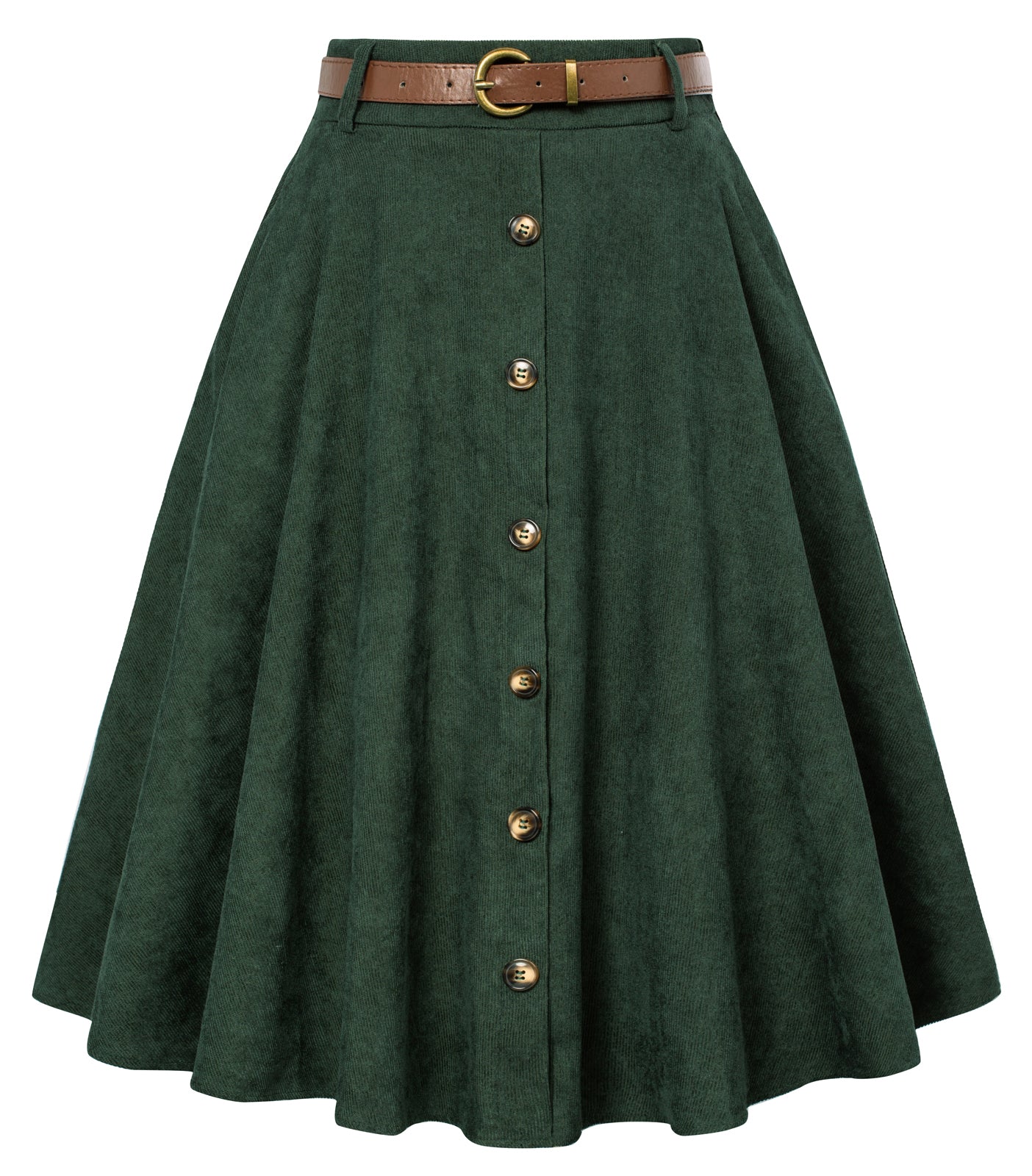 belle poque Corduroy Skirt with Belt Elastic High Waist Mid-Calf Swing Skirt Dark Green