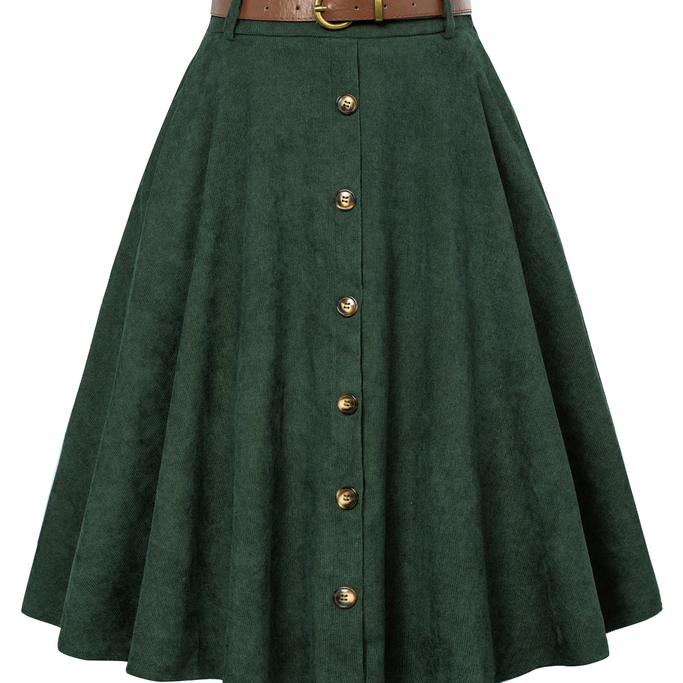 Corduroy Skirt with Belt Elastic High Waist Mid-Calf Swing Skirt
