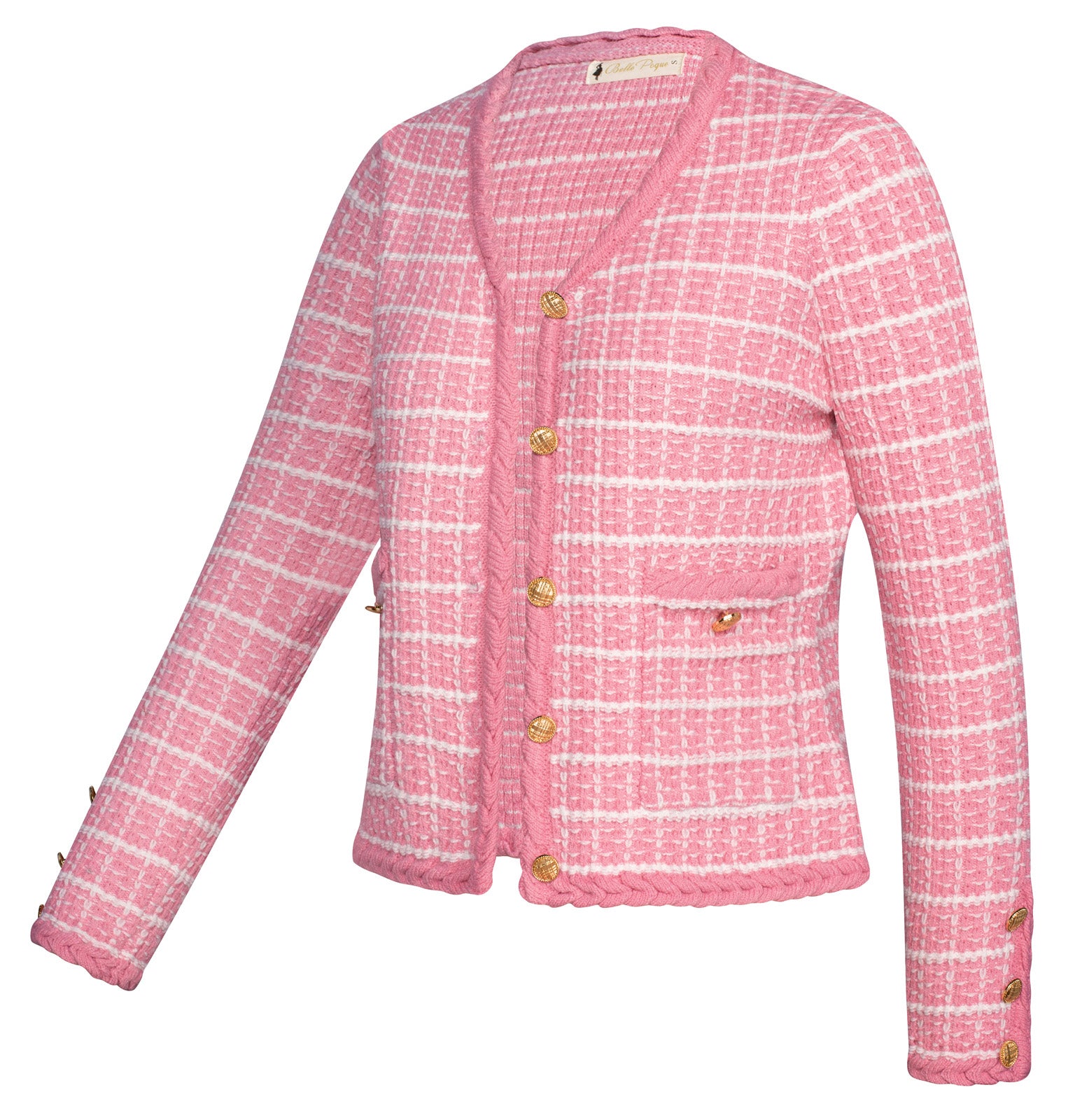 belle poque Contrast Color Cardigan Long Sleeve V-Neck Cable Knitted Sweater