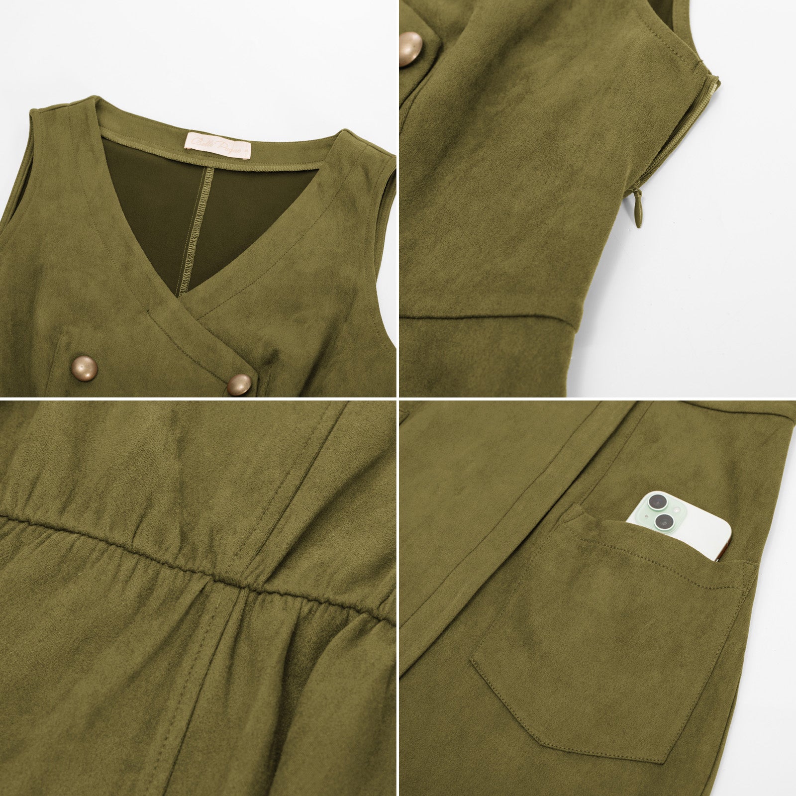 belle poque Vintage Faux Suede Dress Sleeveless V-Neck Elastic Waist A-Line Dress