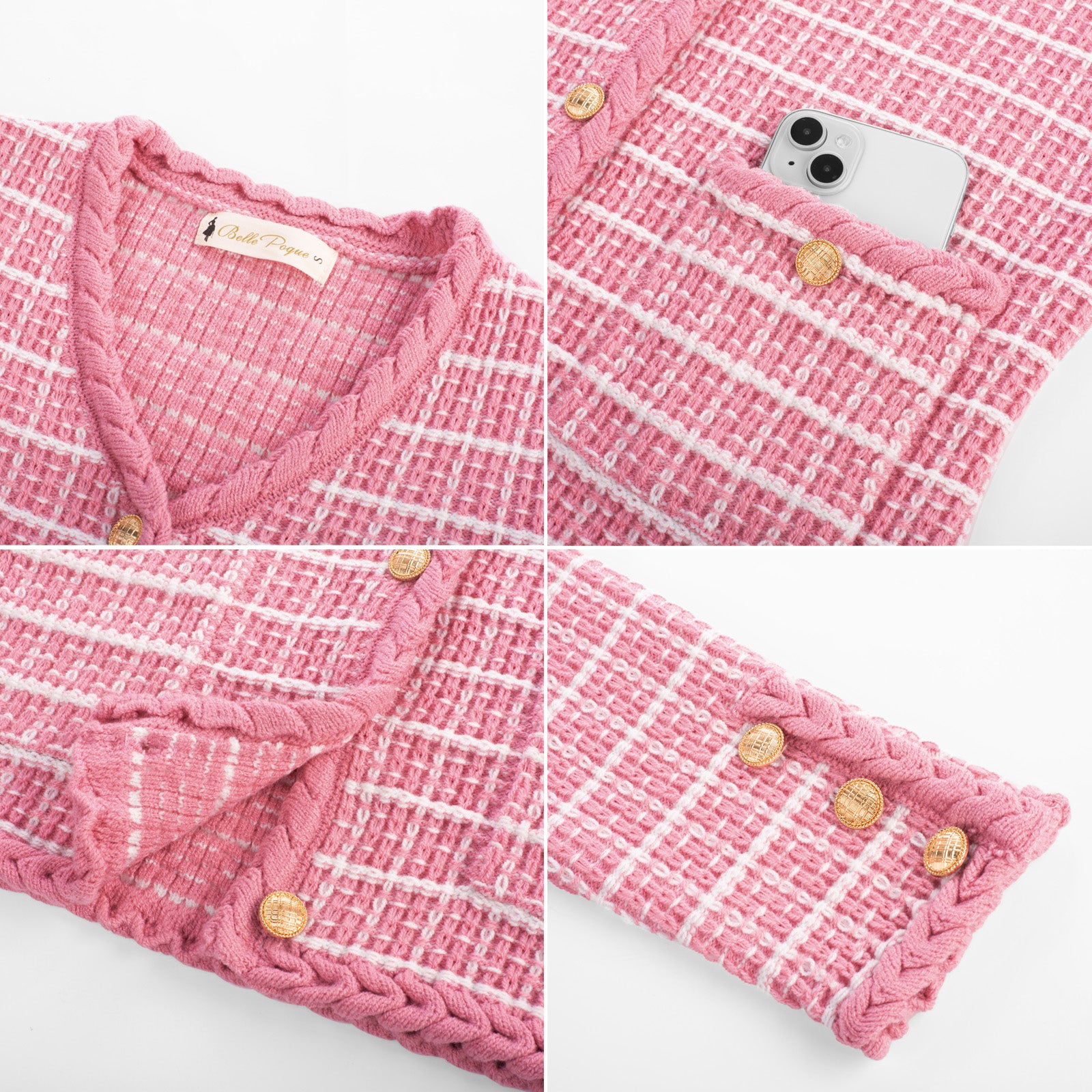 belle poque Contrast Color Cardigan Long Sleeve V-Neck Cable Knitted Sweater