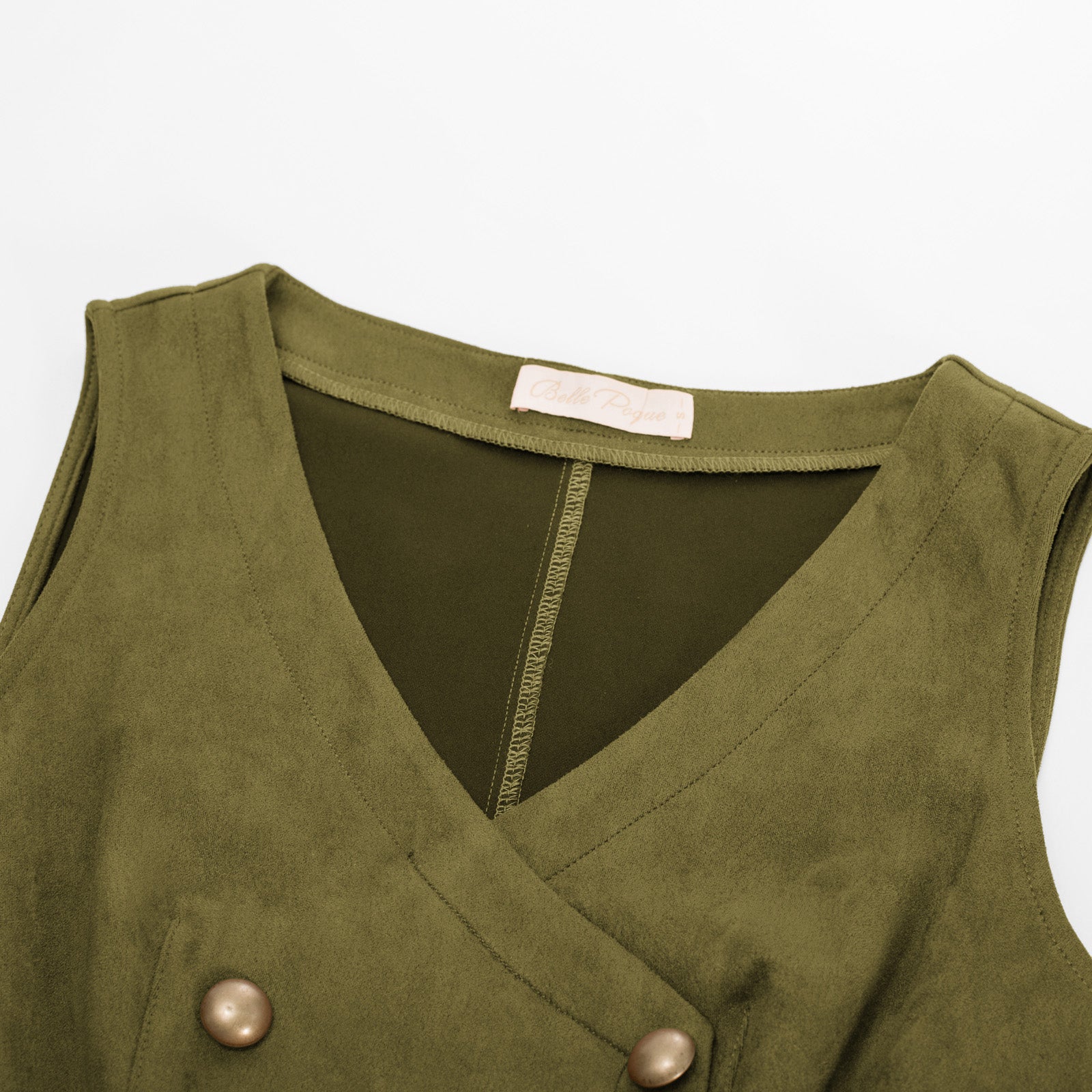 belle poque Vintage Faux Suede Dress Sleeveless V-Neck Elastic Waist A-Line Dress