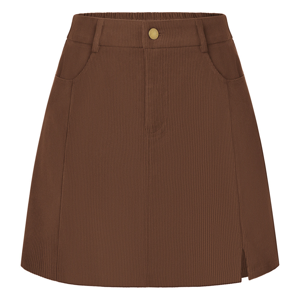 belle poque Women Vintage Corduroy Mini Skirt Elastic Waist Front Slit A-Line Skirt Brown