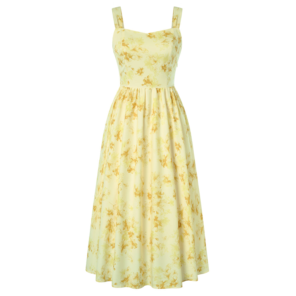 belle poque Women's Floral Midi Sundress with Pockets Spring Summer Dresses for Wedding Guest Yellow