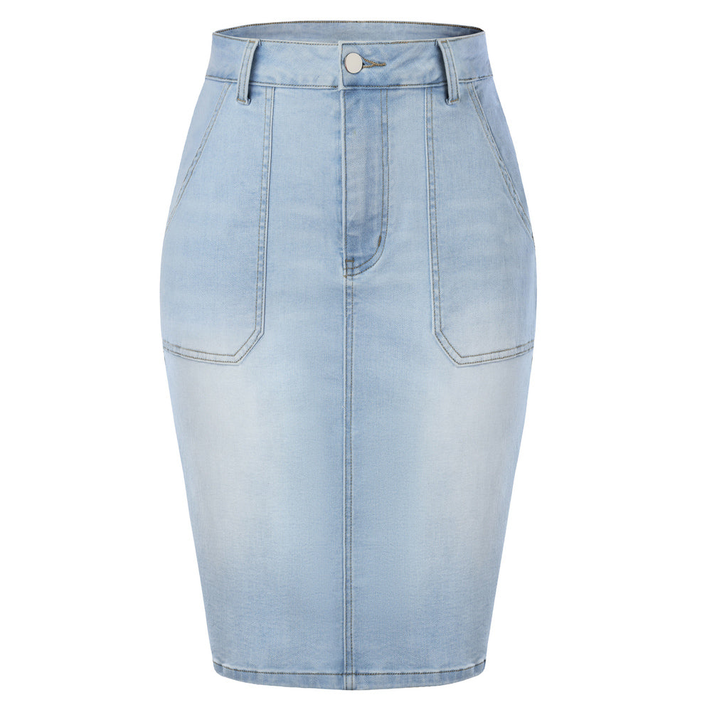 belle poque 1980s Vintage Women's Denim Skirt Knee Length Jean Skirt with Pockets Blue 3