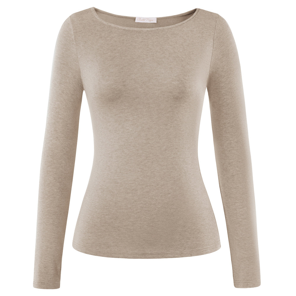 Women's Wool Long Sleeve Boat Neck Tops Fitted Basic Tees Wool Base Layer Women