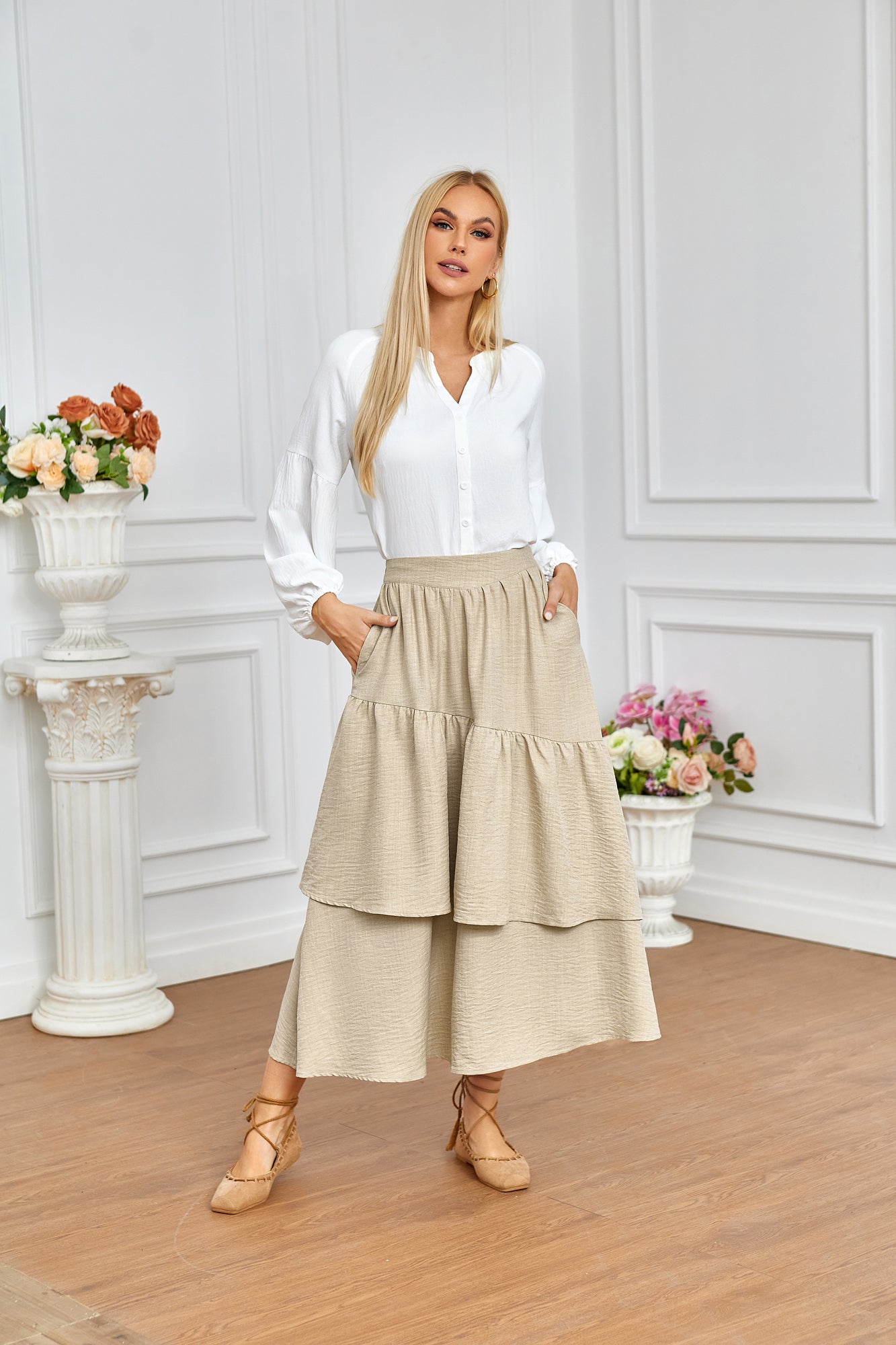 belle poque BP Women Vintage 2-Layer Swing Skirt Elastic High Waist Maxi Skirt