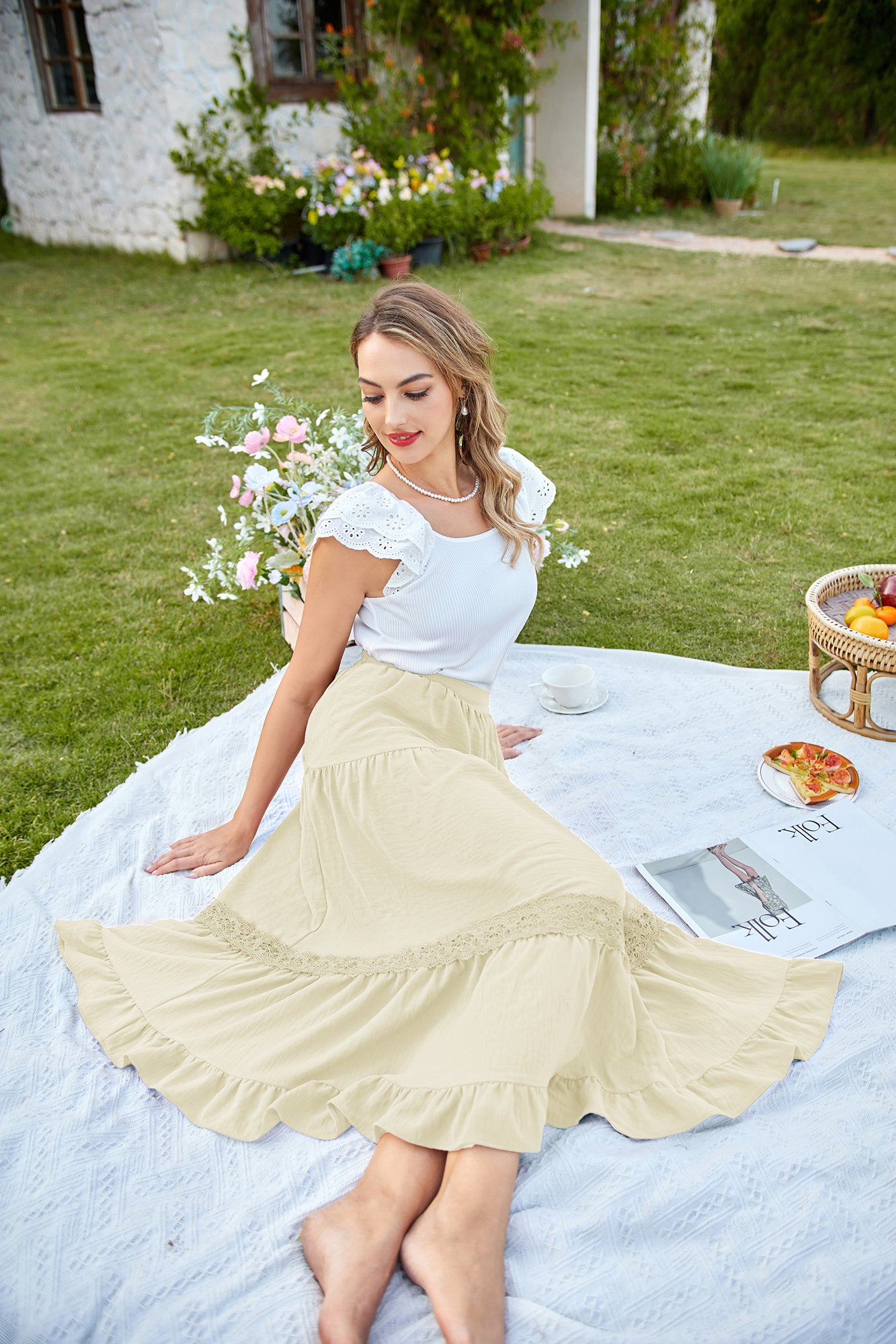 belle poque Women's Midi Skirt Boho Flowy Aline Ruffle Lace Tiered Skirt with Pockets 2025