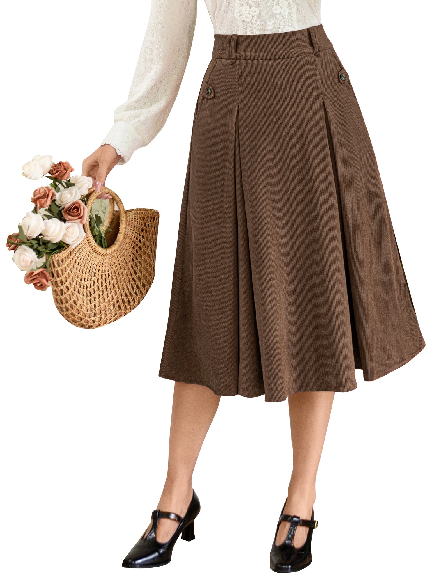 belle poque Vintage Swing Skirt Elastic Waist Flared A-Line Mid-Calf Skirt